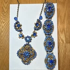 Vtg Art Deco Czech Style Brass Filigree Sapphire Blue Rhinestone Jewelry Set