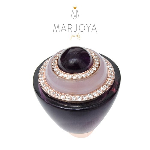 Anello con onice,quarzo bianco,rosa,viola,verde,blu in argento 925 rosè,zirconi - Imagen 7 de 21