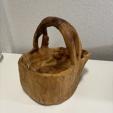Burl Wood Basket Hand Carved Knobby Handle Natural