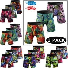 3 Pack Men Underwear Trunks Boxer Shorts Open Fly Tagless Underpants Long Leg US