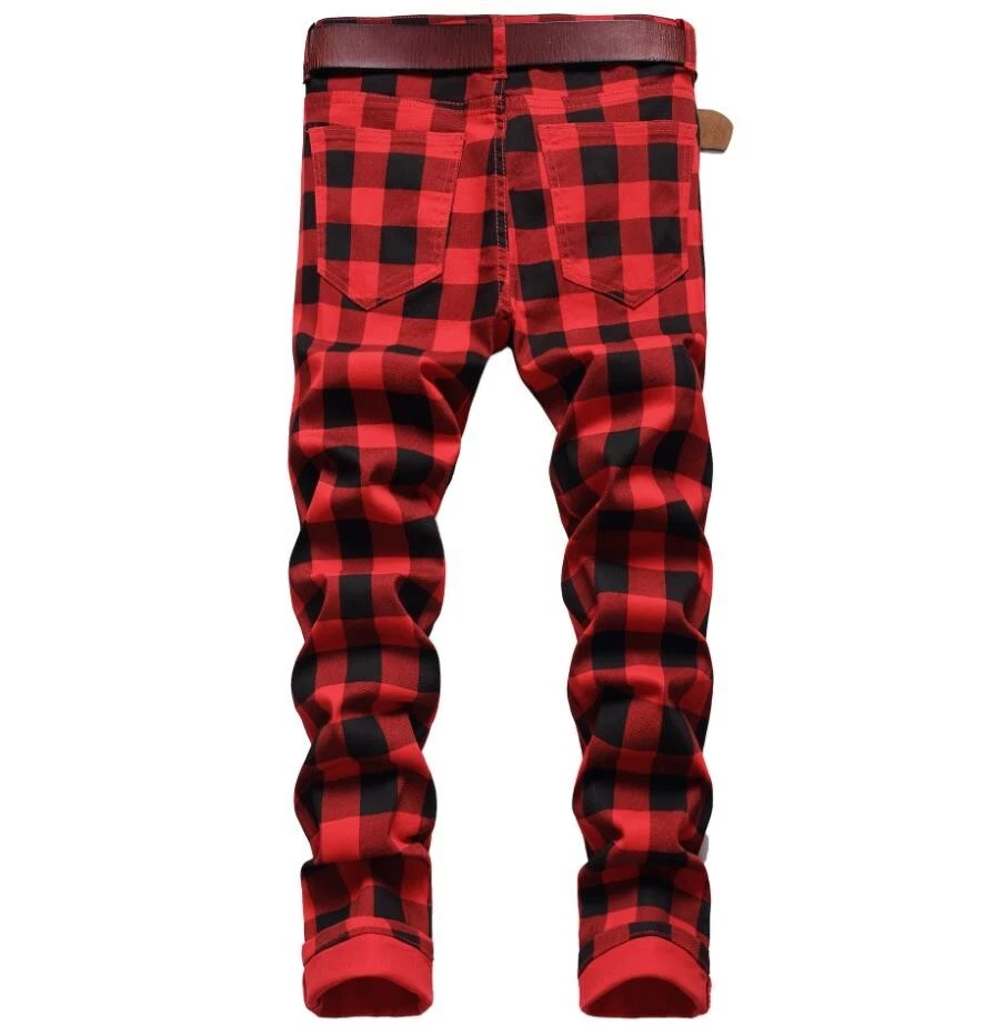 Мужская красный черный клетку хлопок смесь прямые штанины тонкий брюки брюки эластичной новый - Изображение 2 из 4