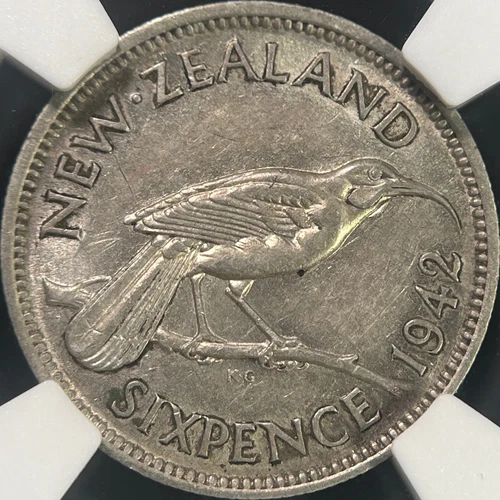 NEW ZEALAND. 1942, 6 Pence, Silver - NGC AU55 - KGVI, Huia Bird, Key Date