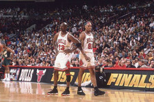 Chicago Bulls Michael Jordan and Dennis Rodman during game vs Seat- 4x6 Photo