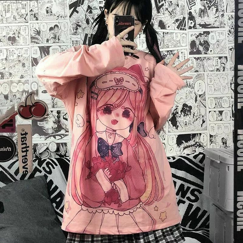 Anime Girl T-shirt Kawaii Japanese Harajuku Print Long Sleeve Top Spring  Autumn