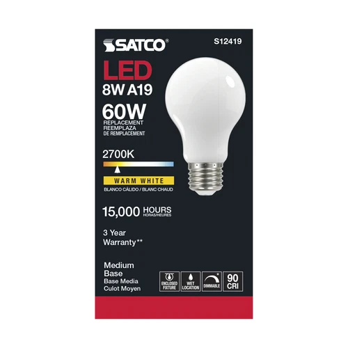 Satco S12419 LED Filament 120V 8.2W A19 Medium E26 Soft White 2700K Warm White - Picture 2 of 6