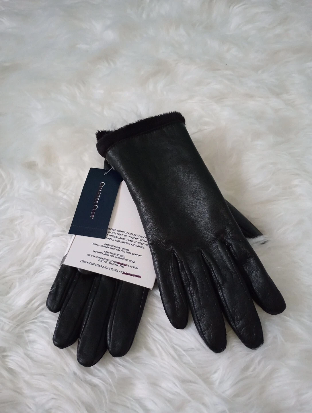 Charter Club Touch Screen Technology Leather Gloves Cashmere Blend Lining Sz L