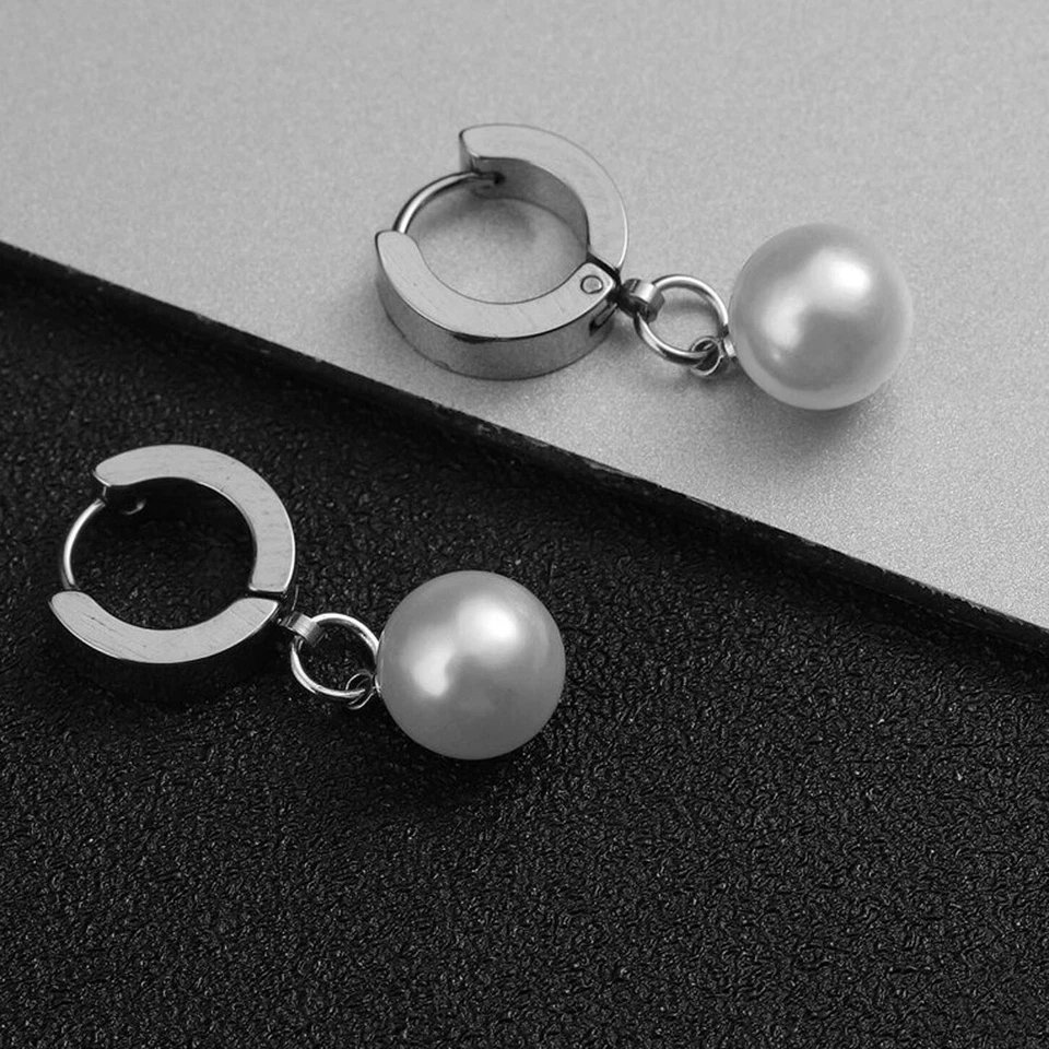 Orecchini con Perle Sintetiche Perla a Cerchio Uomo Donna Unisex Colore Argento - Immagine 2 di 3