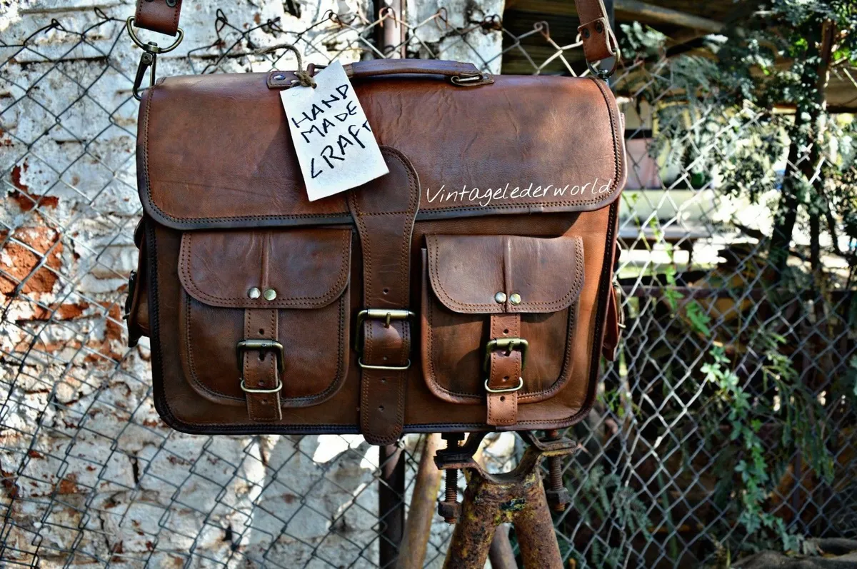 Mens brown leather top laptop messenger bag
