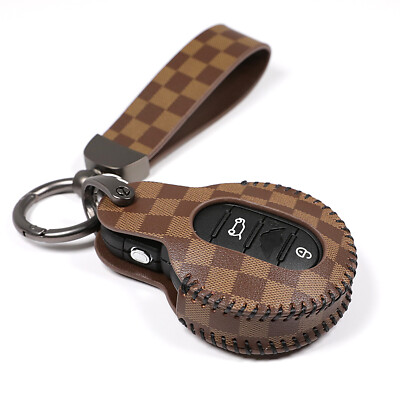Brown Leather For Mini Cooper Clubman 3 4 Buttons Smart Key Case Fob Cover Chain