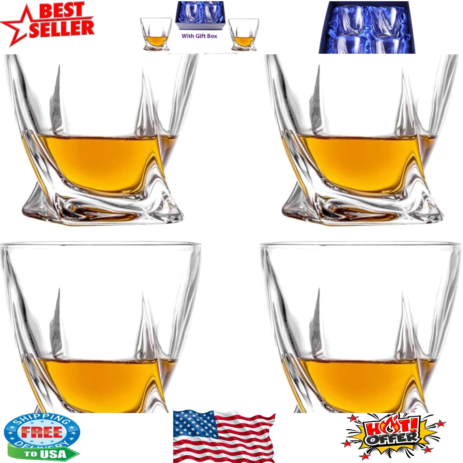 Spiral-Designed Lead-Free Whiskey Glasses - Perfect for Scotch Lovers - Set of 4