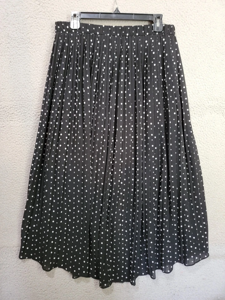 Pleated Chiffon Midi Skirt Size Small Black Polka Dot Faux Wrap Hi Low Hem - Image 2 of 4