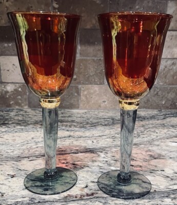 TWO(2) CROWN CORNING IRIDESCENT RED W THICK TEAL STEM WINE GOBLET 8 3/4 T EX