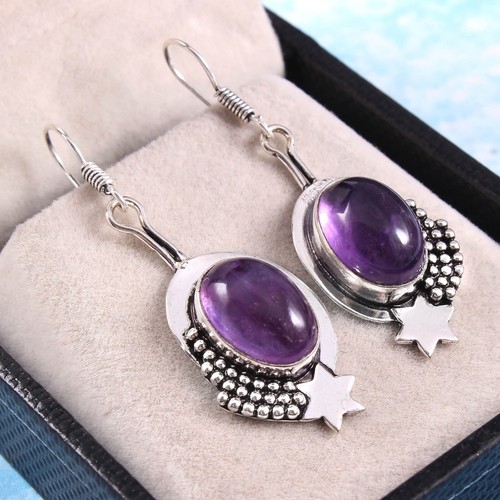 Amethyst Gemstone 925 Sterling Silver Plated Handmade Earring Gift Jewelry 1.5"