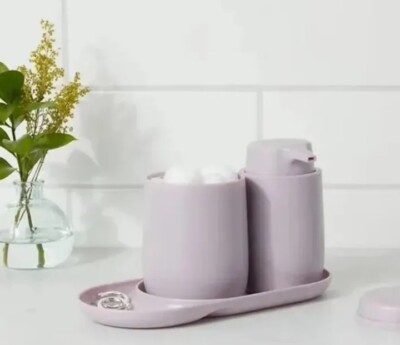   Room Essentials ~ 3pc Lavender Bath Bundle Set: Pump, Canister & Tray  