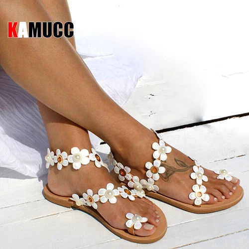 Sommer Boho Pearl Sandalen Damen Strand Sand Urlaub Schuhe Leder flach Übergröße - Bild 15 von 23