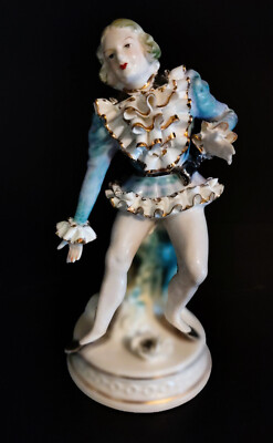 Victorian Man Figurine Ruffle Gold Trim Outfit Marked Bone China Lace w Swords