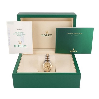Rolex 69173 Lady-Datejust 26 mm Champagne Linen Index Dial Box and Papers 1988