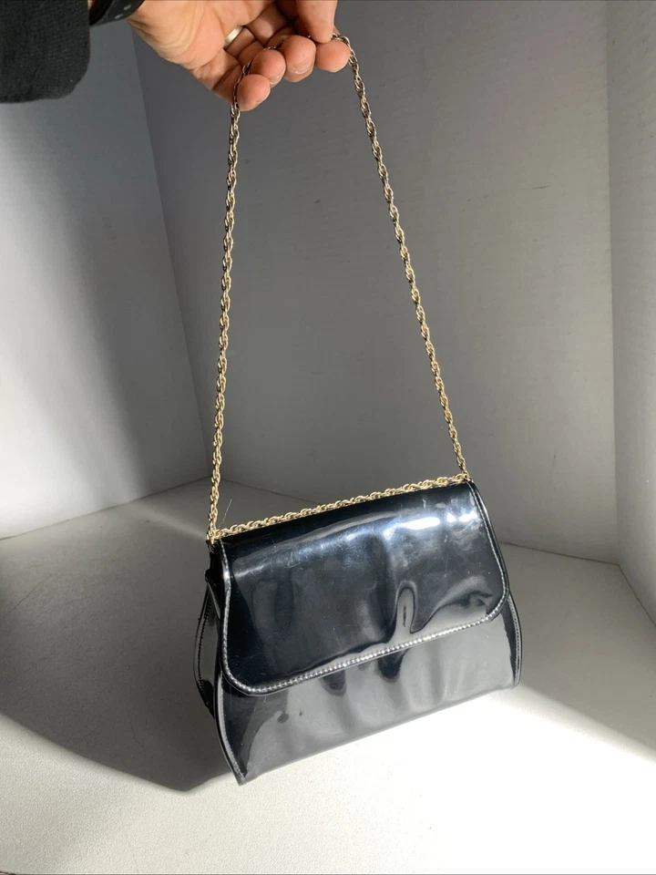 Vintage Little Black Purse Shoulder Bag Handbag Faux Patent Leather - Image 3 of 4
