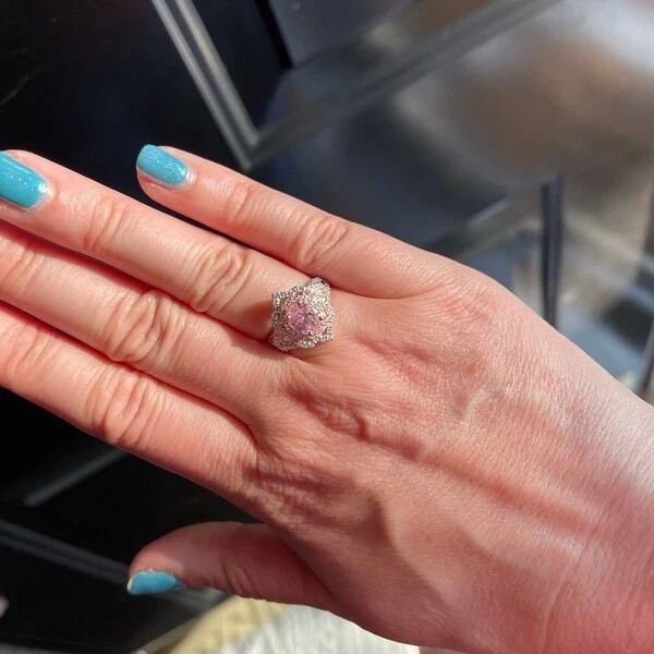 14K White Gold FN 2Ct Oval Cut Tourmaline & Lab Created Diamond Engagement Ring - Image 4 of 4