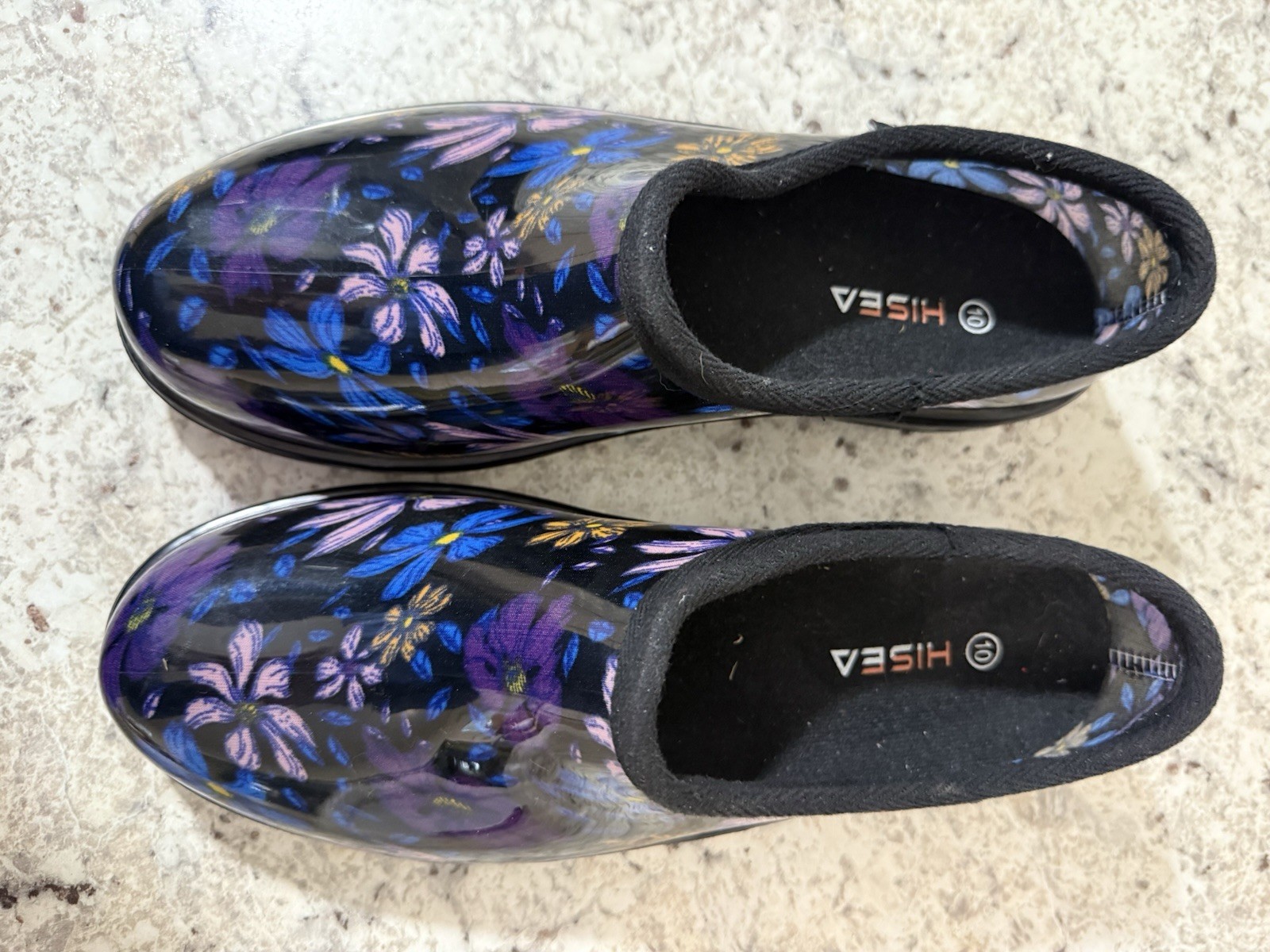 NEW Hisea Women's Garden Rain Shoe Waterproof Outdoor Slip-On Blk/Floral Size 10