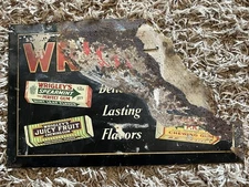 Vintage Damaged Wrigleys Gum Tin Over Cardboard Sign Delicious Lasting Flavor