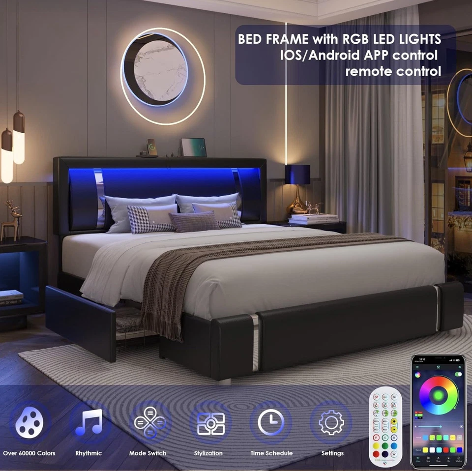 Cama Keyluv King Size con luces LED RGB y cajones de almacenamiento. Foto 2 de 4