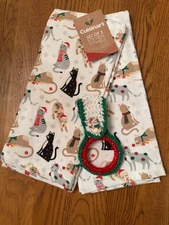 " CHRISTMAS KITTYS" kitchen towels with crochet towel ring holder (3pcs set)