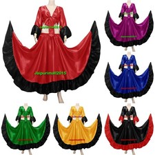 Satin Skirt Top Set Ruffle Tie Gypsy Flamenco Dress Tribal Belly Dance Costumes