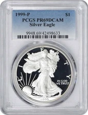 1999-P American Silver Eagle Dollar PR69DCAM PCGS Proof 69 Deep Cameo