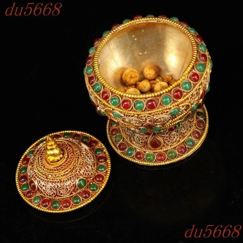 Frasco de relíquia de filigrana de prata 4,8" China com incrustação de pedras preciosas tanques pote de crock - Imagem 4 de 4