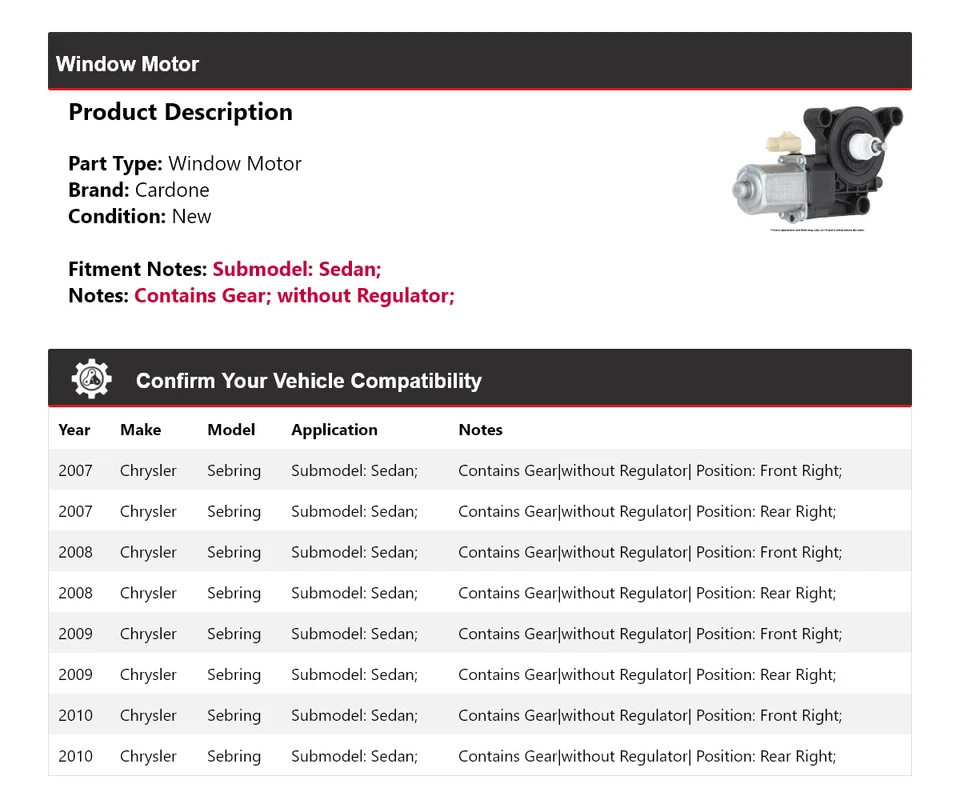 Para Chrysler Sebring 2007-2010 sedán ventana motor cardone 2008 2009 Foto 2 de 4