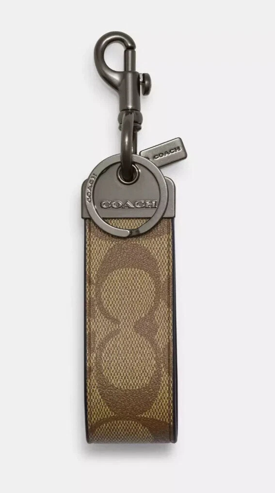 Portachiavi catena Coach Gunmetal Kaki Signature Canvas Loop (CJ748) Nuovo con etichette