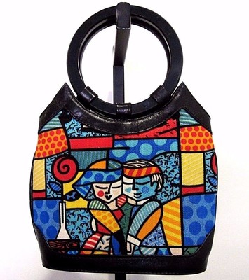 ROSA CHA Complements RARE Modern Design Black Leather Trim Small Handbag SIGNED