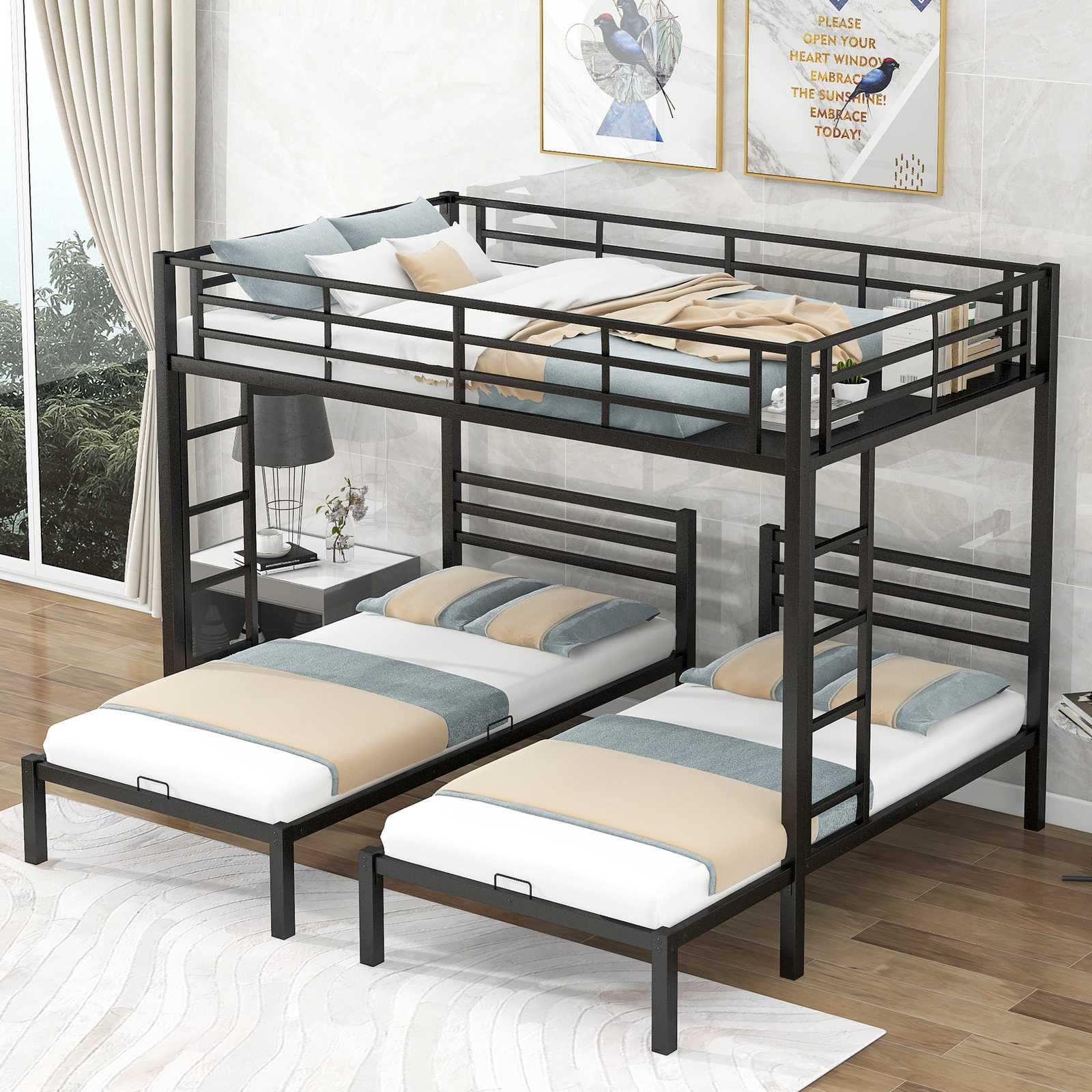 Full Over Twin and Twin Bunk Bed with Built-in Shelf in Black
