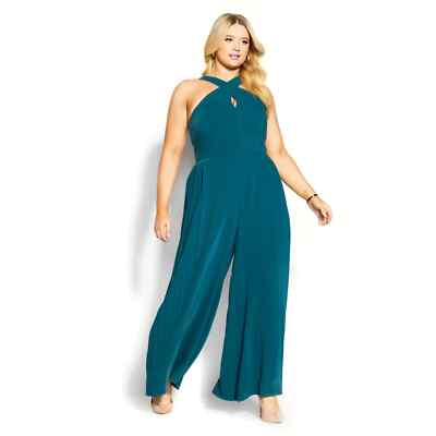CITY CHIC Teal Blue Green Halter Keyhole Wide Leg Pant Jumpsuit L 20W 2X Torrid