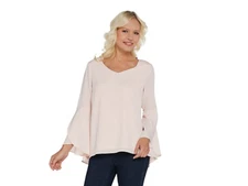  H by Halston Textured Georgette Top with Tulip Bell Sleeves-Pearl Blush-Reg 10 
