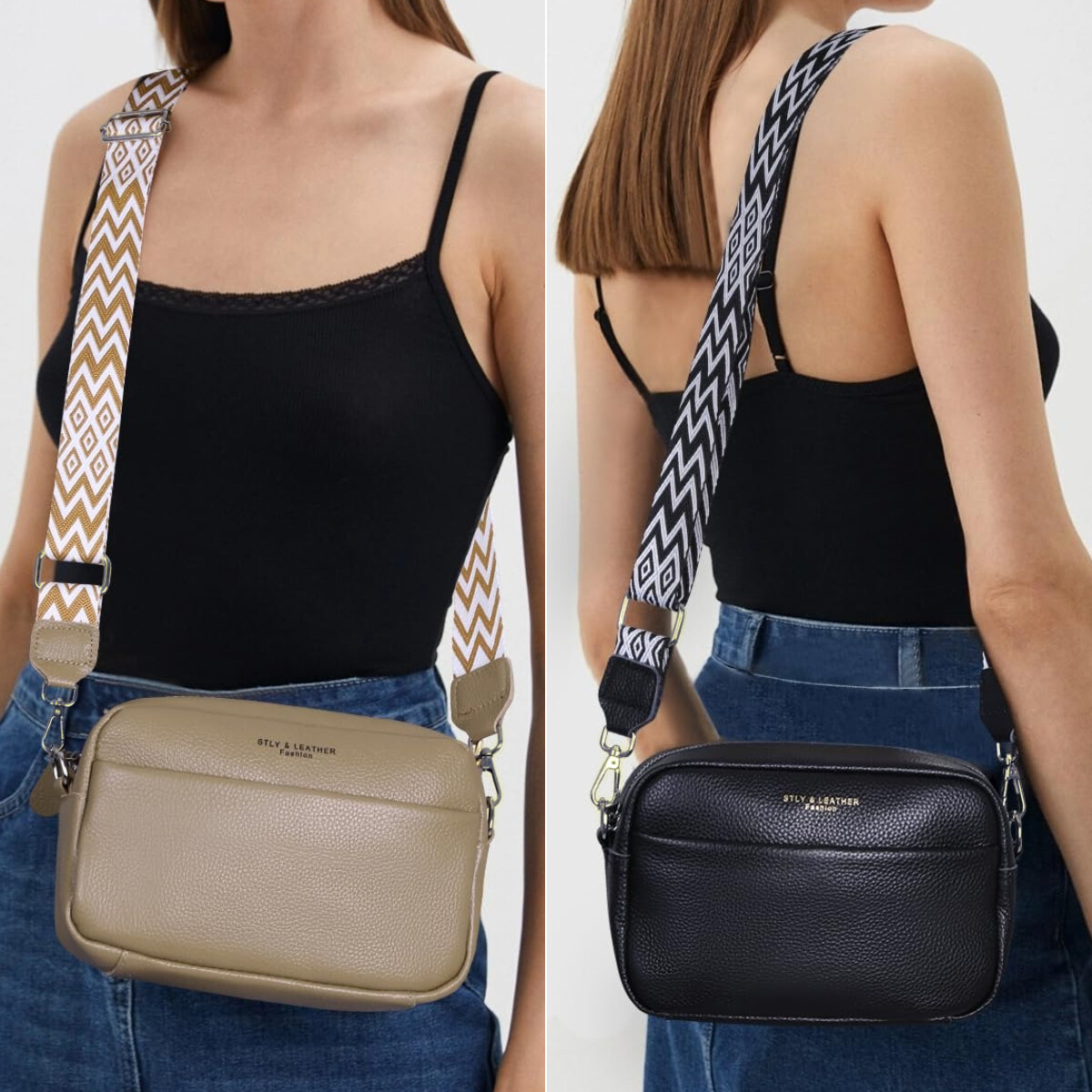 Crossbody Bag Leather Wide Strap Shoulder Bag Zipper Camera - Main Image