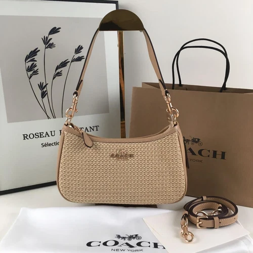 New COACH Teri 2way Shoulder Bag Crossbody Straw/Leather Latte CR350