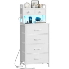 41 Inch Tall Nightstand with Charging Station, LED Night Stand with 6 Fabric ...