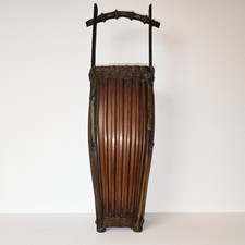 Antique Japanese Bamboo Ikebana Basket w/ Handle Meiji Taisho Ribbed Slat Form