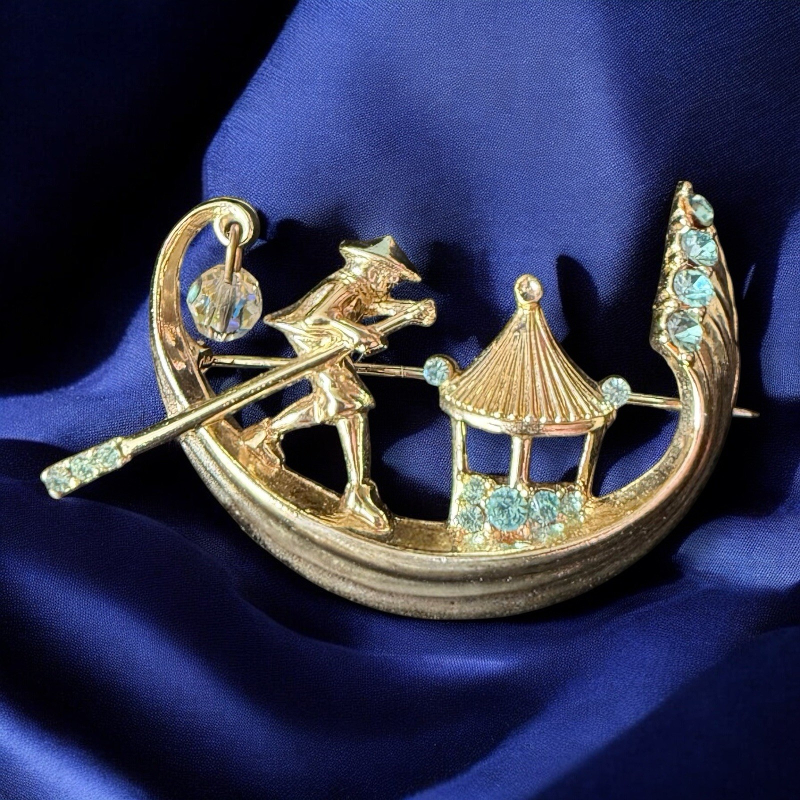 Asian Gondola Boat Brooch Gold Tone Blue Rhinestones Aurora Crystal Dangle