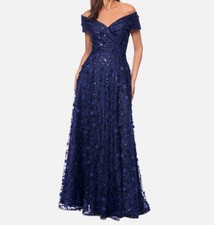 XSCAPE Women's Blue 3D Floral Embroidered Off-the-Shoulder Gown Dress Size 4