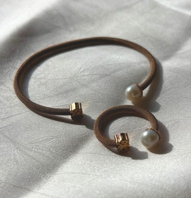 TOUS Bracelet Ring Set Pink Gold Mesh Pearl Accent Bear Design Used