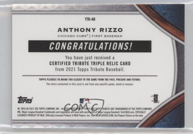 2021 Topps Tribute Tribute Triple Relics Purple /50 Anthony Rizzo #TTR-AR - Image 2 of 2