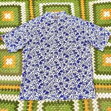 Daniel Cremieux Blue Button Up Large Shirt Floral Vines Tencel Lyocell Soft