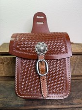 Western Cognac Leather Hand Tooled Saddle Bag with Stainless Steel Buckles