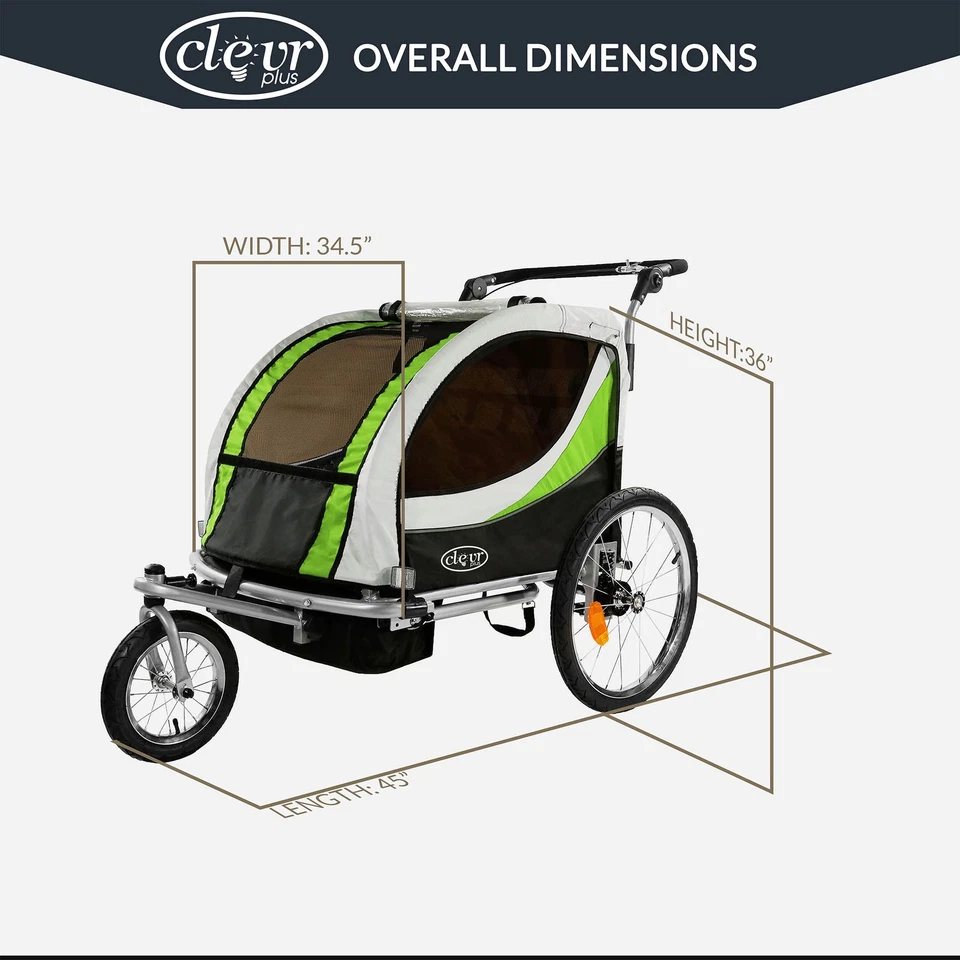 ClevrPlus Deluxe 3 en 1 Doble Asiento Bicicleta Remolque Cochecito Jogger para Niños, Verde Foto 4 de 4