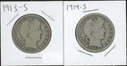 (2) Coins - 90% Silver Barber Half Dollars 1913-S & 1914-S