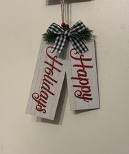 Christmas ornaments wooden with black white buffalo plaid bow happy holidays