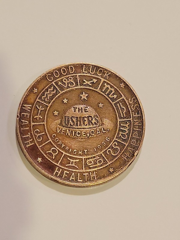 1936  GOOD LUCK TOKEN Venice,California . Ushers Magic Astrology UFO Logo 